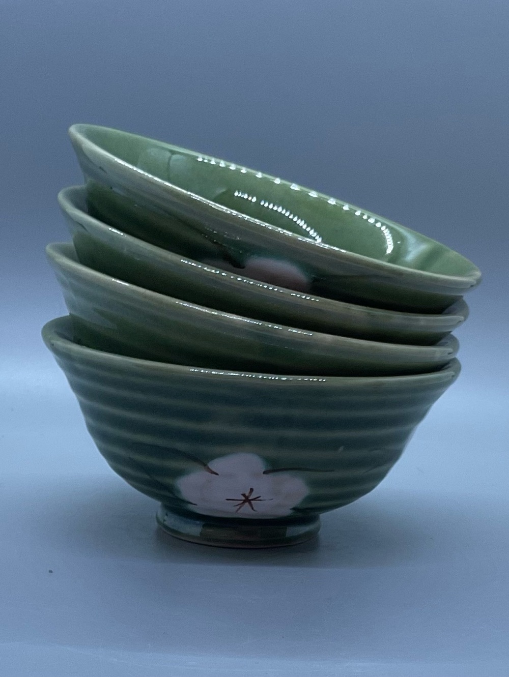 Green Floral Ceramic Rice Bowls (Set of 4)